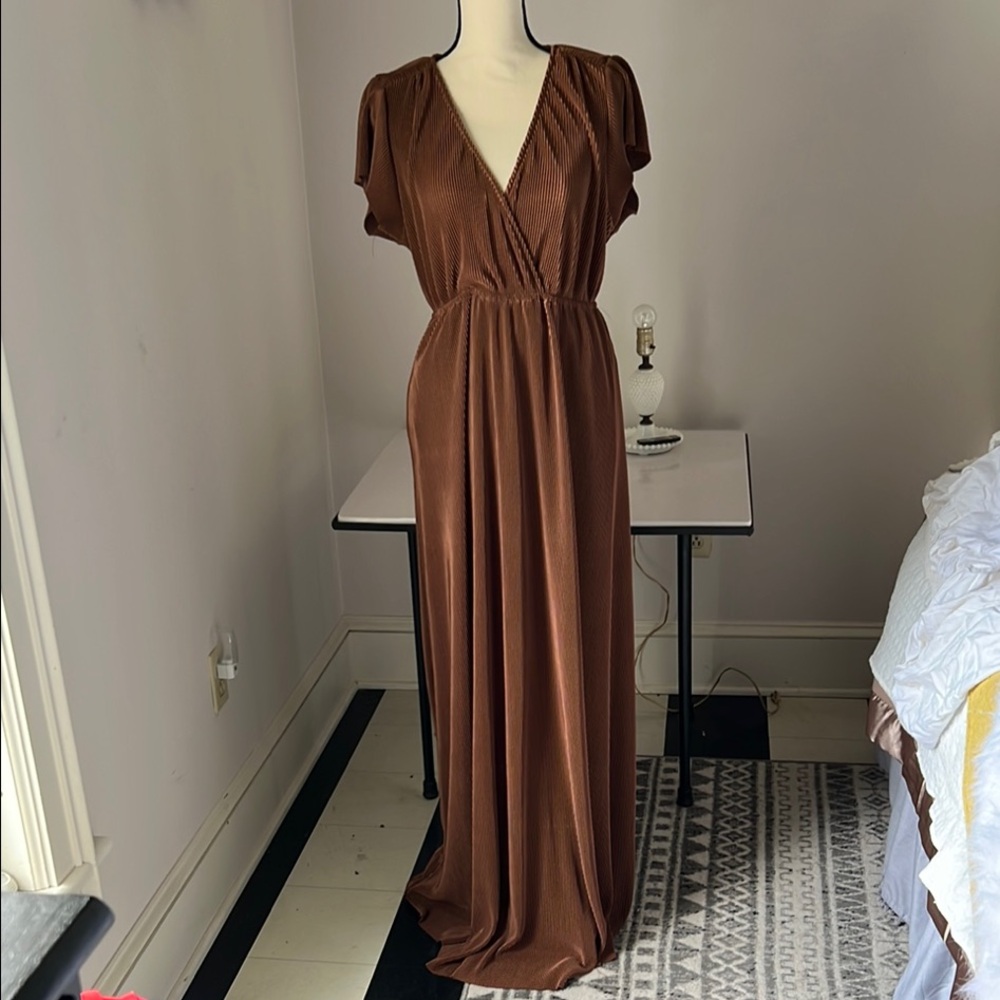Baltic Born Brown Flutter Sleeve V-Neck Maxi Gown